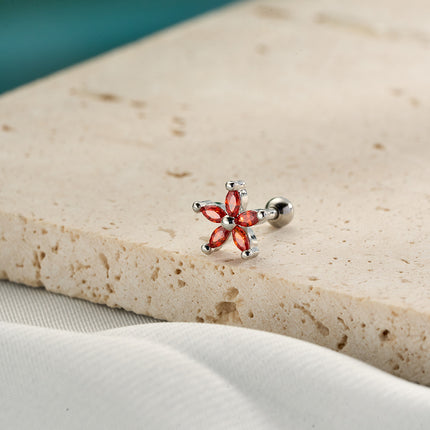 Piercing De Cobre Forma De Flor Roja Con Zirconia Clavo De Hueso Del Oído