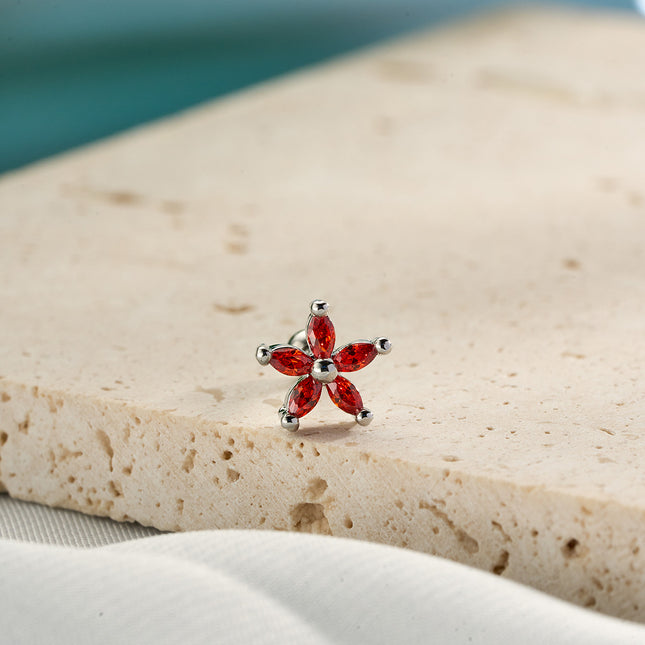 Piercing De Cobre Forma De Flor Roja Con Zirconia Clavo De Hueso Del Oído