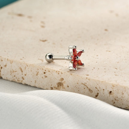 Piercing De Cobre Forma De Flor Roja Con Zirconia Clavo De Hueso Del Oído