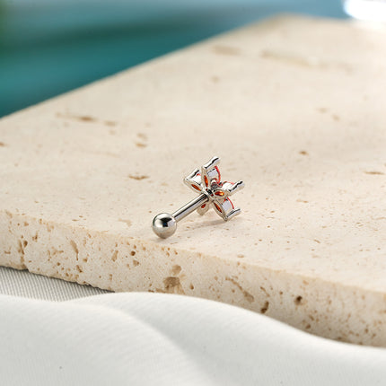 Piercing De Cobre Forma De Flor Roja Con Zirconia Clavo De Hueso Del Oído
