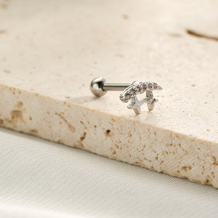 Piercing Con Luna Y Estrella Y Zirconias Clavo De Hueso Del Oído Plateado