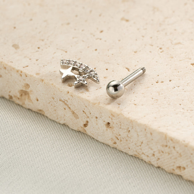 Piercing Con Luna Y Estrella Y Zirconias Clavo De Hueso Del Oído Plateado