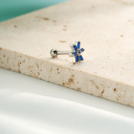 Piercing Clavo De Hueso Del Oído Plateado Con Pequeña Flor Azul Elegante