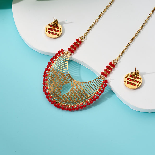 Collar Y Aretes Con Diseño De Abanico Y Detalles Calados Conjunto Bohemio