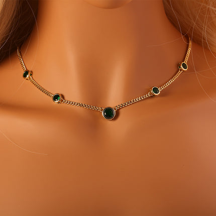Collar Retro De Acero Titanio Cadena Con Colgante De Circón Verde
