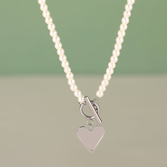Collar De Perla Elegante Con Cadena Con Colgante De Corazón De Acero Inoxidable De Moda