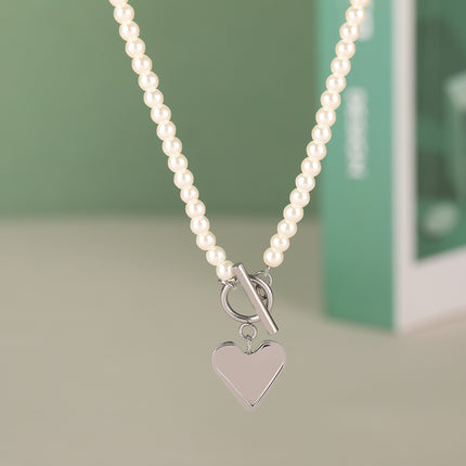 Collar De Perla Elegante Con Cadena Con Colgante De Corazón De Acero Inoxidable De Moda