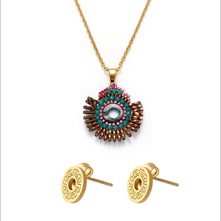 Collar Tejido Con Cuentas Azul Violeta Y Aretes Dorados Conjunto Bohemio