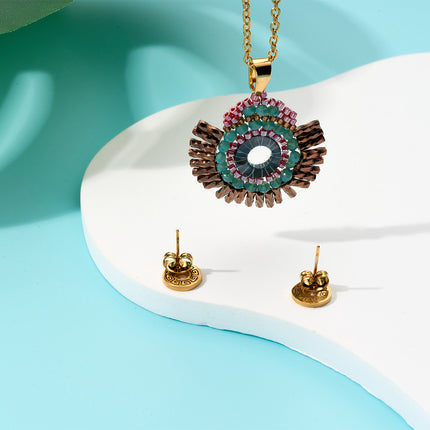 Collar Tejido Con Cuentas Azul Violeta Y Aretes Dorados Conjunto Bohemio