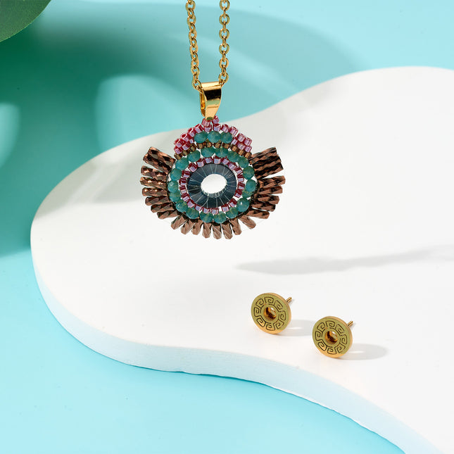 Collar Tejido Con Cuentas Azul Violeta Y Aretes Dorados Conjunto Bohemio