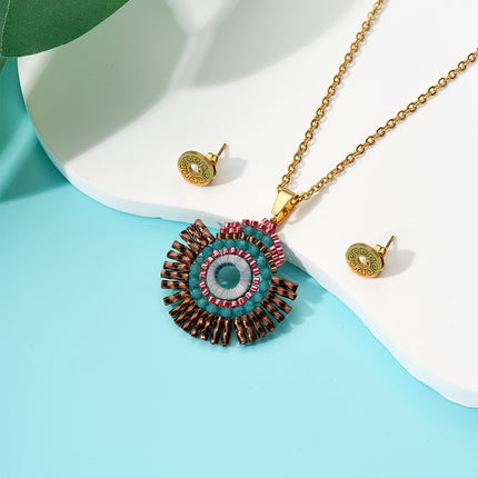 Collar Tejido Con Cuentas Azul Violeta Y Aretes Dorados Conjunto Bohemio