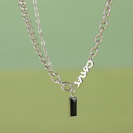 Collar Simple De Acero Inoxidable Con Colgante De Ladrillo Negro De Moda De Cadena Gruesa