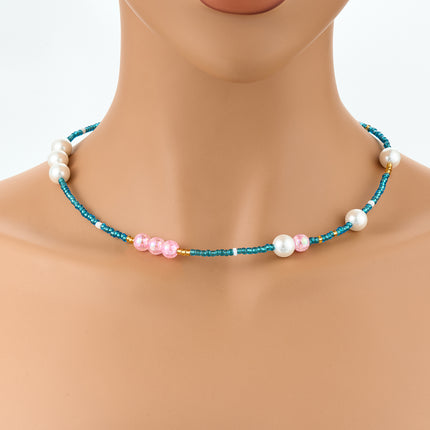 Collar De Cuentas De Vidrio Azul Con Perla De Estilo Bohemio De Moda
