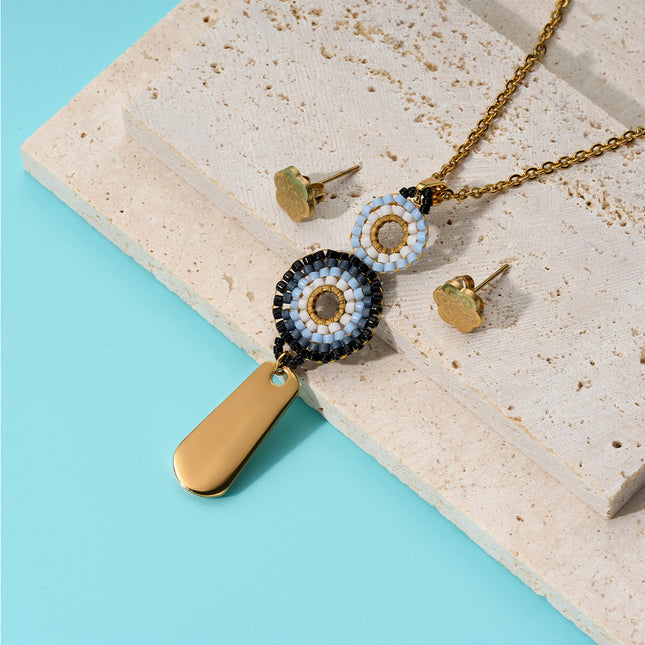 Collar Con Colgante Largo Y Aretes Dorados Vintage Conjunto Bohemio