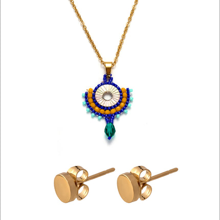 Collar Bohemio Vintage Con Cuentas Tejidas Y Aretes Dorados 18K