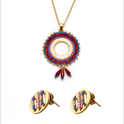 Collar Sol Bohemio Con Cuentas Tejidas De Colores Aretes Dorado