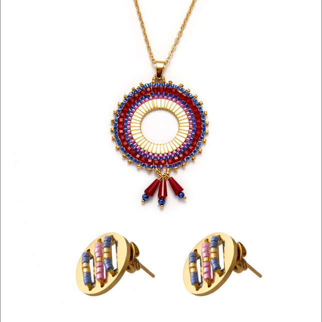 Collar Sol Bohemio Con Cuentas Tejidas De Colores Aretes Dorado