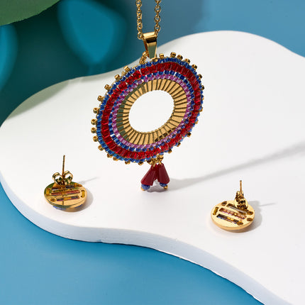 Collar Sol Bohemio Con Cuentas Tejidas De Colores Aretes Dorado