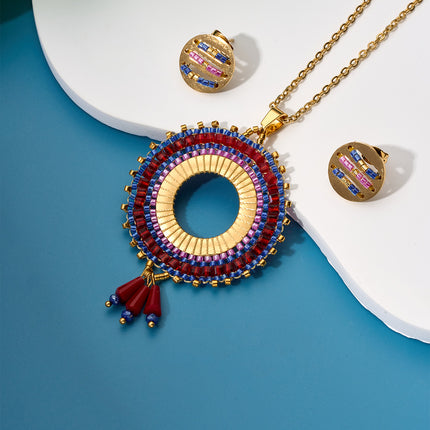 Collar Sol Bohemio Con Cuentas Tejidas De Colores Aretes Dorado