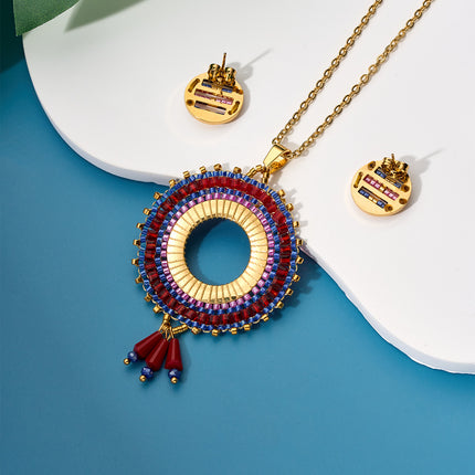 Collar Sol Bohemio Con Cuentas Tejidas De Colores Aretes Dorado