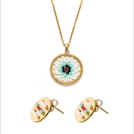 Collar Estilo Bohemio Étnico Con Cuentas Blancas Aretes Dorado Conjunto