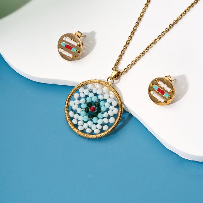 Collar Estilo Bohemio Étnico Con Cuentas Blancas Aretes Dorado Conjunto