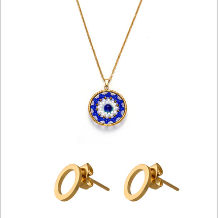 Collar Bohemia Con Cuentas Azules Aretes De Aro Hueco Conjunto