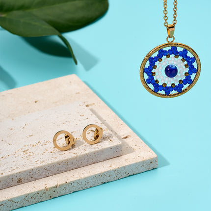 Collar Bohemia Con Cuentas Azules Aretes De Aro Hueco Conjunto