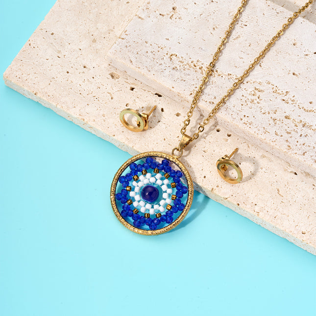 Collar Bohemia Con Cuentas Azules Aretes De Aro Hueco Conjunto