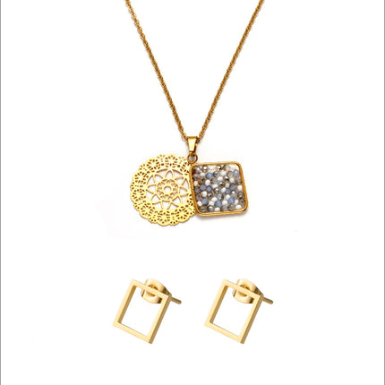 Collar Bohemio Con Doble Colgante De Cuentas Y Calado Dorado + Aretes