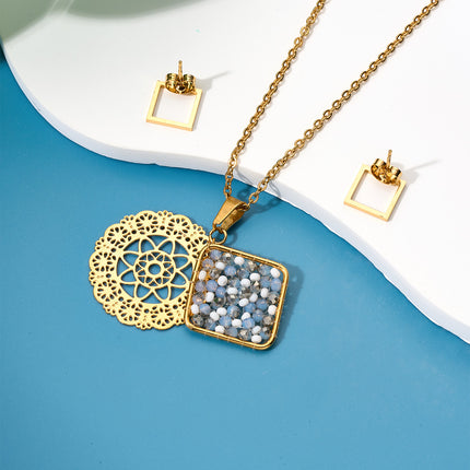 Collar Bohemio Con Doble Colgante De Cuentas Y Calado Dorado + Aretes