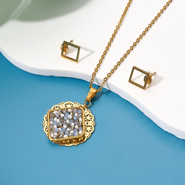 Collar Bohemio Con Doble Colgante De Cuentas Y Calado Dorado + Aretes