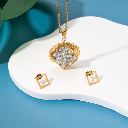 Collar Bohemio Con Doble Colgante De Cuentas Y Calado Dorado + Aretes