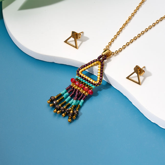 Collar Bohemio Con Colgante Triangular De Cuentas Aretes Dorados