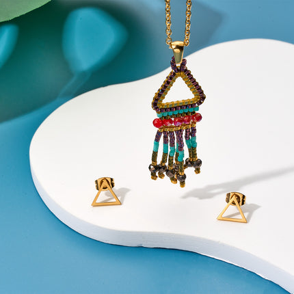 Collar Bohemio Con Colgante Triangular De Cuentas Aretes Dorados