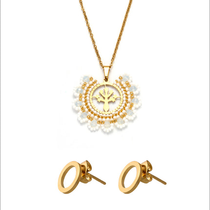 Collar Bohemio Con Colgante De Cuentas Y Árbol Dorado Y Aretes 18K Set