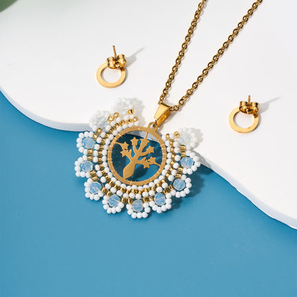 Collar Bohemio Con Colgante De Cuentas Y Árbol Dorado Y Aretes 18K Set
