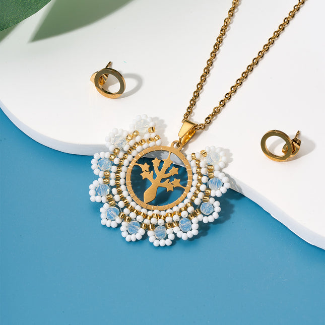 Collar Bohemio Con Colgante De Cuentas Y Árbol Dorado Y Aretes 18K Set