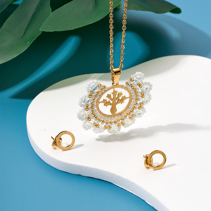 Collar Bohemio Con Colgante De Cuentas Y Árbol Dorado Y Aretes 18K Set