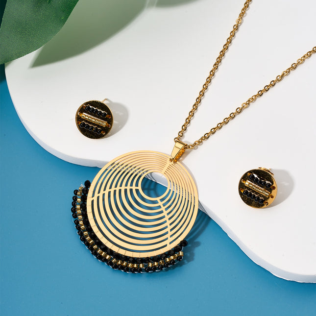 Collar Bohemio Con Colgante De Círculos Y Cuentas Negras Aretes Conjunto