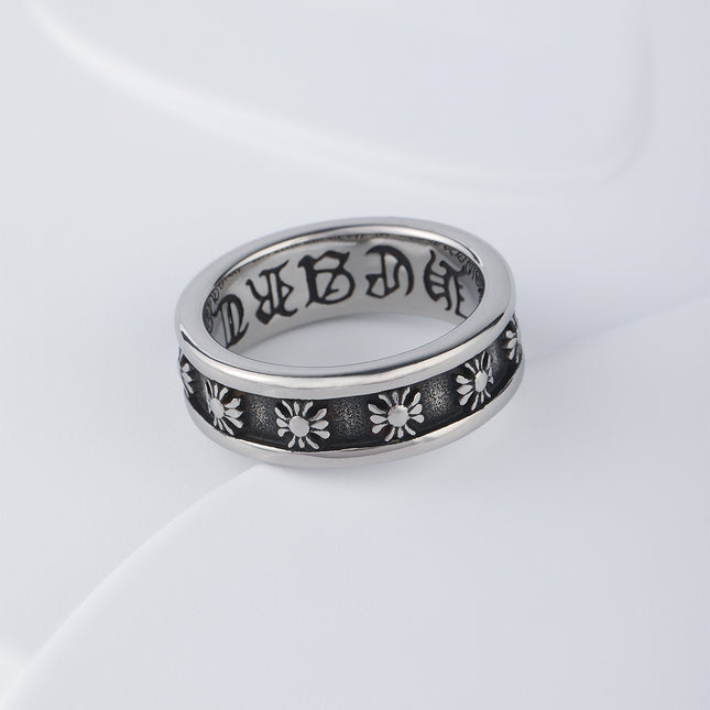 Anillo Con Diseño Masculino De Símbolo Floral Vintage Con Acabado Envejecido De Acero Inoxidable
