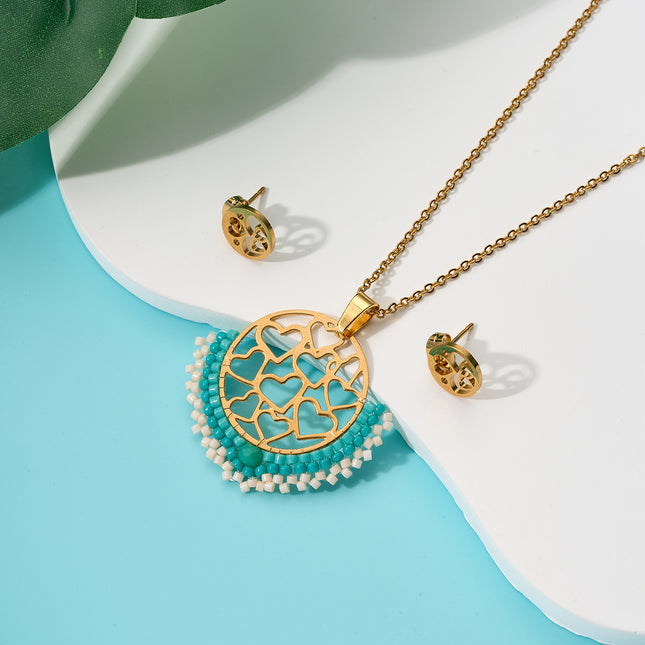 Collar De Corazones Con Cuentas Y Aretes De Corazon Juego Bohemio