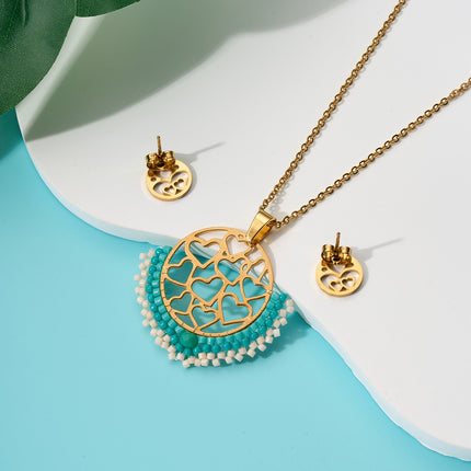 Collar De Corazones Con Cuentas Y Aretes De Corazon Juego Bohemio