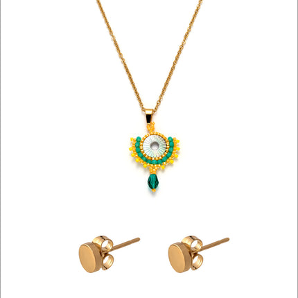 Collar Bohemio Con Cristal Verde Y Cuentas, Aretes Dorados, Chapado 18K