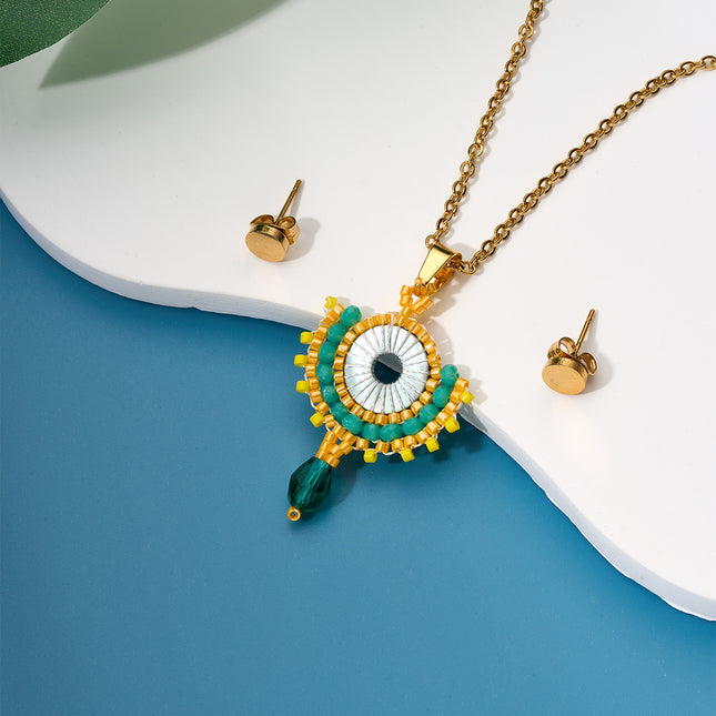 Collar Bohemio Con Cristal Verde Y Cuentas, Aretes Dorados, Chapado 18K