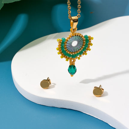 Collar Bohemio Con Cristal Verde Y Cuentas, Aretes Dorados, Chapado 18K