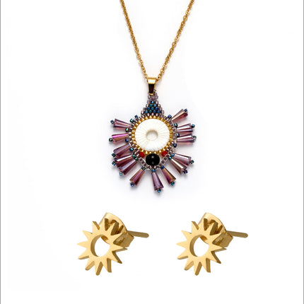 Collar En Dije Bohemio Tejido Con Cuentas Multicolor Y Aretes Sol Set