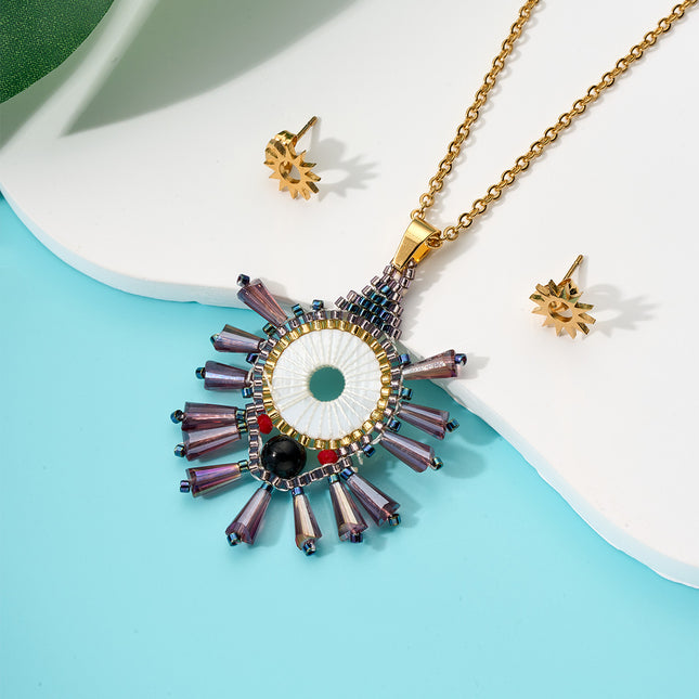 Collar En Dije Bohemio Tejido Con Cuentas Multicolor Y Aretes Sol Set