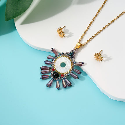 Collar En Dije Bohemio Tejido Con Cuentas Multicolor Y Aretes Sol Set