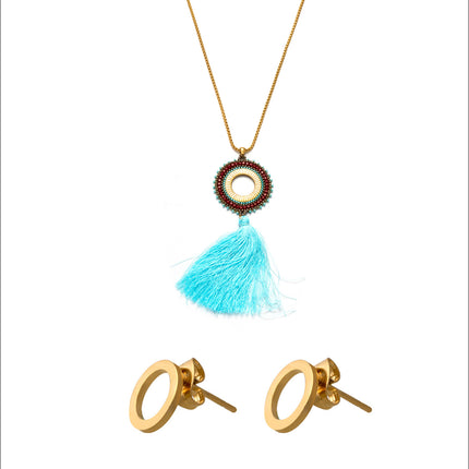 Collar En Dije Tejido Con Cuentas Y Flecos Azules Aretes 18K Set Bohemio